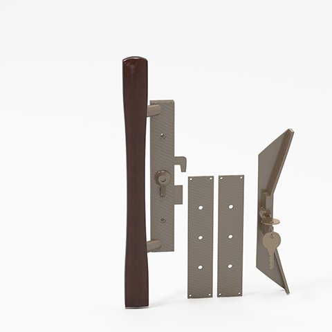 (DH-113) Sliding Patio Door Keyed Aluminum With Wood Handle Set, 3-15/16" Hole Space - Garage and Sliding Door Hardware