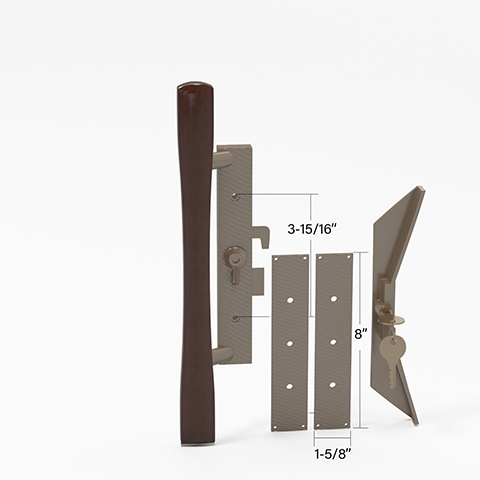(DH-113) Sliding Patio Door Keyed Aluminum With Wood Handle Set, 3-15/16" Hole Space - Garage and Sliding Door Hardware