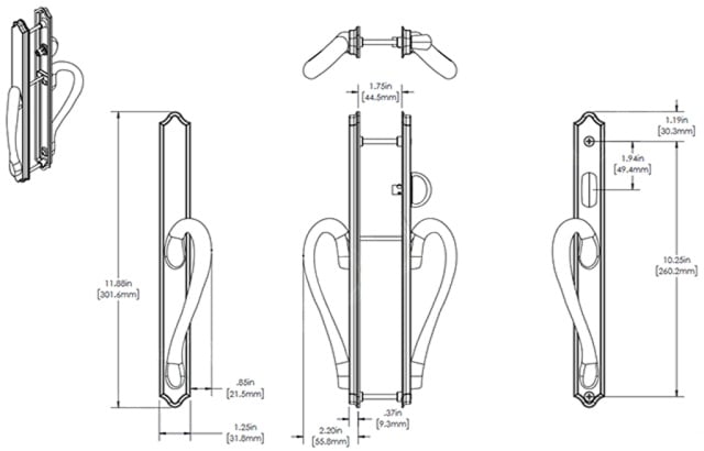 11-7/8" Ashland Sliding Patio Glass Active Door Handle with 10-1/4" Hole Spacing  NON-Keyed (DH-347) - Garage and Sliding Door Hardware