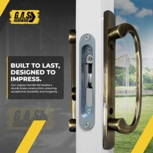 clearance legacy handle set for sliding glass doors, antique brass off set latch | has blemishes/chips