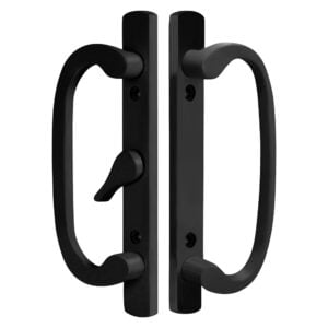clearance legacy handle set for sliding doors, 3 15/16" hole space black center latch | has blemishes/chips (dh 211 black)