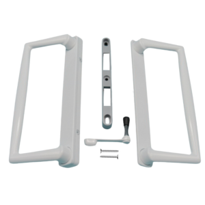 9" cgi / pgt sliding glass patio door surface mount handle + thumb latch lever, screws, + keepers 4 15/16" hole space (dh 660)